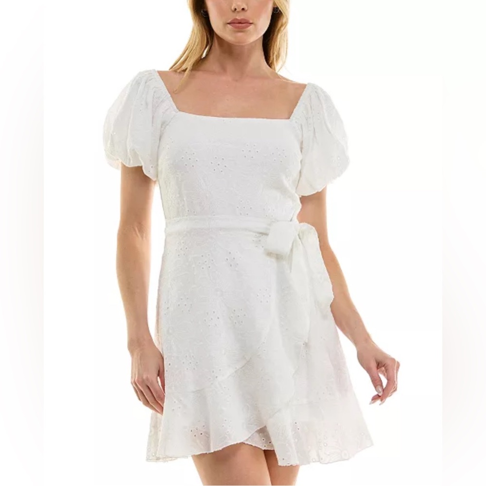 Trixxi Juniors' Eyelet Embroidered Puff-Sleeve Fit & Flare White Dress
